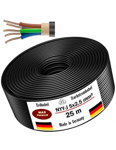 Câble d'alimentation de terre NYY-J, de 5 à 100 m, 5 x 2,5 mm², câble électrique, (25 m)