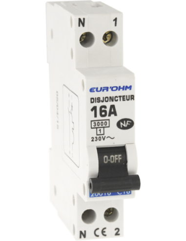 EUR'OHM - 20017 - Disjoncteur  1P+N 16A  courbe D connexion vis haut/bas 3kA