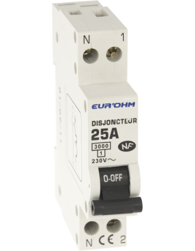 EUR'OHM - 20026 - Disjoncteur  1P+N 25A courbe D connexion vis haut/bas 3kA