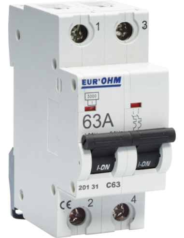 EUR'OHM - 20131 - Disjoncteur 2P 63A courbe C connexion vis haut/bas  4,5kA