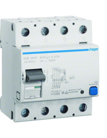 HAGER - CDB463F - Interrupteur différentiel 4P 63A 30mA type B NK