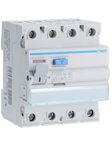 HAGER - CDC427F - Interrupteur différentiel 4P 25A 30mA type AC 60Hz