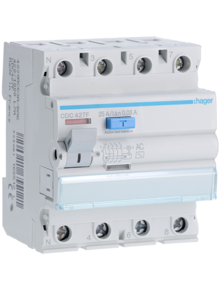 HAGER - CDC427F - Interrupteur différentiel 4P 25A 30mA type AC 60Hz