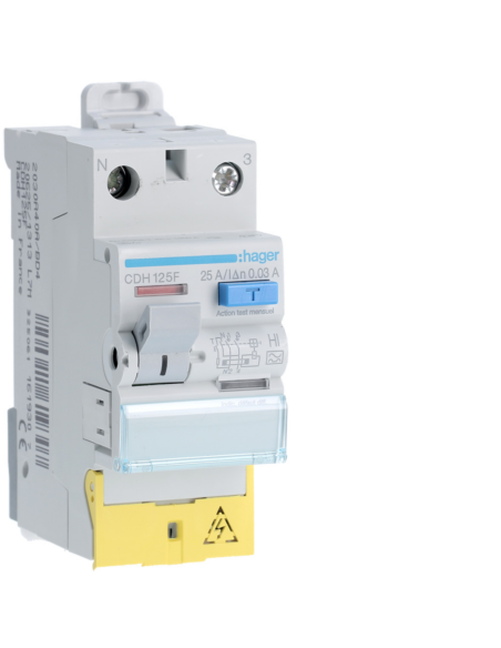 HAGER - CDH125F - Interrupteur différentiel 1P+N 25A 30mA type haute immunité à bornes décalées