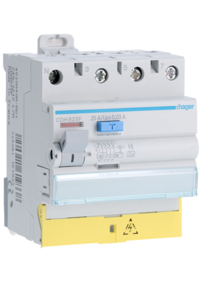 HAGER - CDH825F - Interrupteur différentiel 3P+N 25A 30mA type haute immunité à bornes décalées