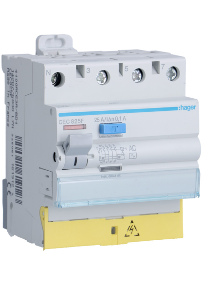 HAGER - CEC825F - Interrupteur différentiel 3P+N 25A 100mA type AC à bornes décalées