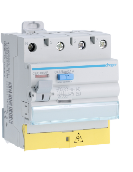 HAGER - CEC863F - Interrupteur différentiel 3P+N 63A 100mA type AC à bornes décalées