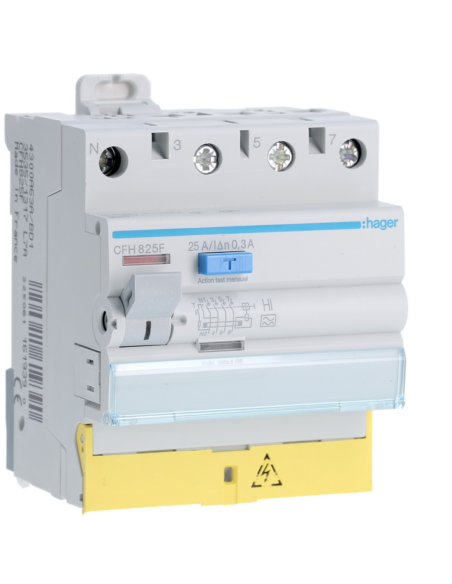 HAGER - CFH825F - Interrupteur différentiel 3P+N 25A 300mA type haute immunité à bornes décalées