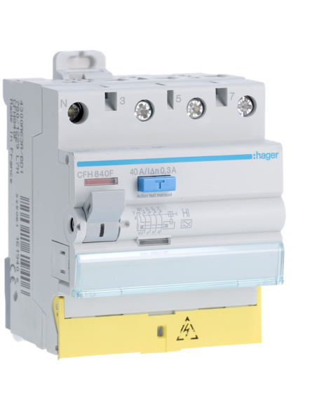 HAGER - CFH840F - Interrupteur différentiel 3P+N 40A 300mA type haute immunité à bornes décalées