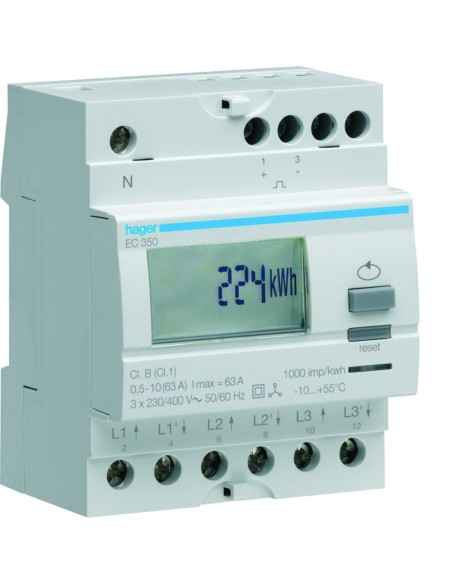 HAGER - EC350 - Compteur d'énergie électrique triphasé direct 63A simple tarif