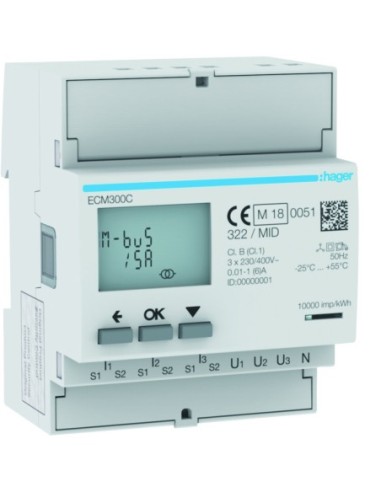 HAGER - ECM300C - Compteur triphasé via TI 1A ou 5A 4M MBUS MID