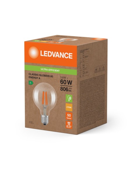 LEDVANCE - 4099854236990 - LED CLASSIC LEDVANCE SUP GLB 60 D95 Verre claire énergie A E27 3,8 W 827 806lm