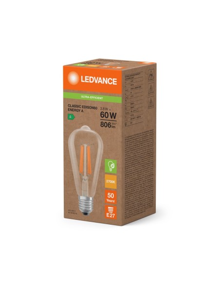 LEDVANCE - 4099854237034 - LED CLASSIC LEDVANCE SUP ST64 Edison 60 Verre énergie A E27 3,8 W 827 806lm