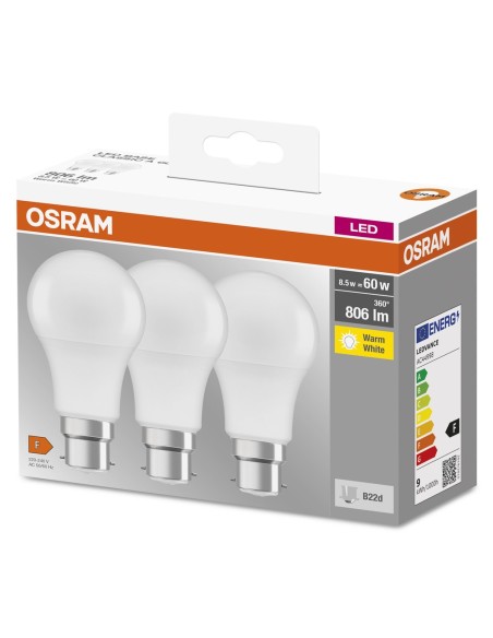 OSRAM - 4052899961531 - OSRAM LED CLA60  827 B22 8,5W 806lm Lot de 3