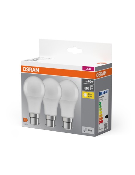 OSRAM - 4099854047114 - LED CLASSIC OSRAM BASE x3 CLA60 Dépolie B22d 8,5 W 827 806lm - Lot de 3