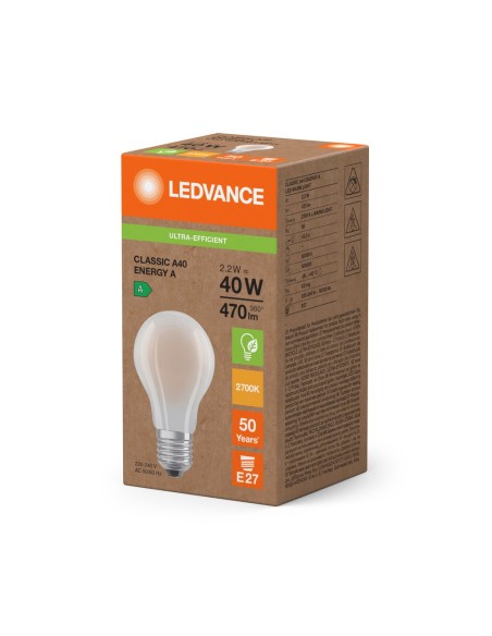 LEDVANCE - 4099854236556 - LED CLASSIC LEDVANCE SUP CLA40 énergie A Dépolie E27 2,2W827 470lm