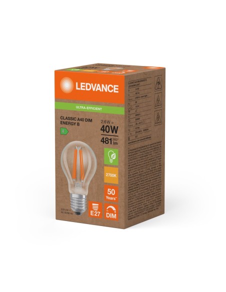 LEDVANCE - 4099854252457 - LED CLASSIC LEDVANCE SUP CLA40 dimmable énergie B Fil Claire E27 2,6W 827 470lm