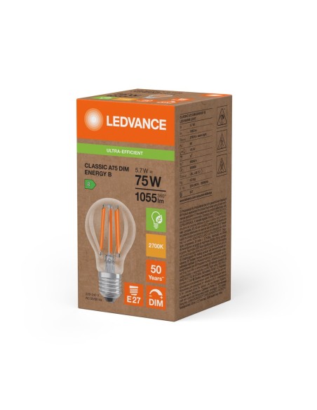 LEDVANCE - 4099854252549 - LED CLASSIC LEDVANCE SUP CLA75 énergie B Fil DIM E27 5.7W827 1055lm