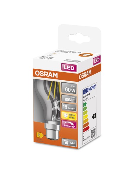 OSRAM - 4058075448124 - LED SUPERSTAR CL A  FIL 60 dim  7W/827 B22d