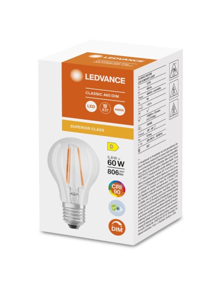 LEDVANCE - 4058075758964 - LED Comf DIM CLA60 FIL Cl 940 E27 5,8W 806lm Verre Superior LEDV