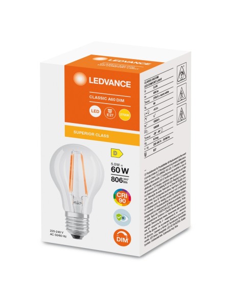 LEDVANCE - 4099854060892 - LED CLASSIC LEDVANCE SUP CLA60 Fil Claire DIM 927 E27 5,8W 806lm IRC90