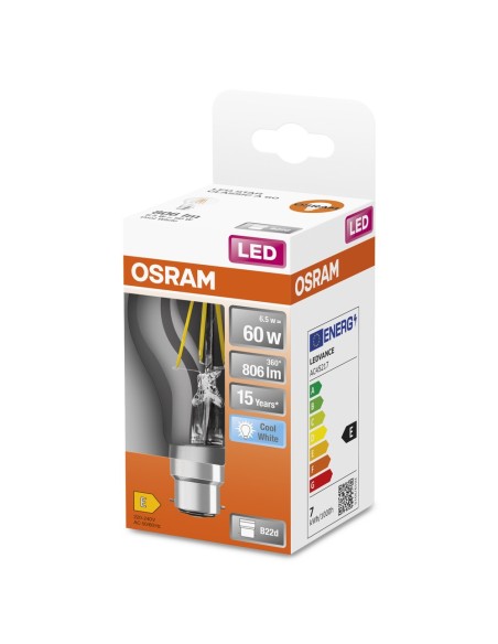 OSRAM - 4058075592674 - LED CLASSIC OSRAM STAR CLA60 Fil Verre Claire B22d 6,5W 840 806lm