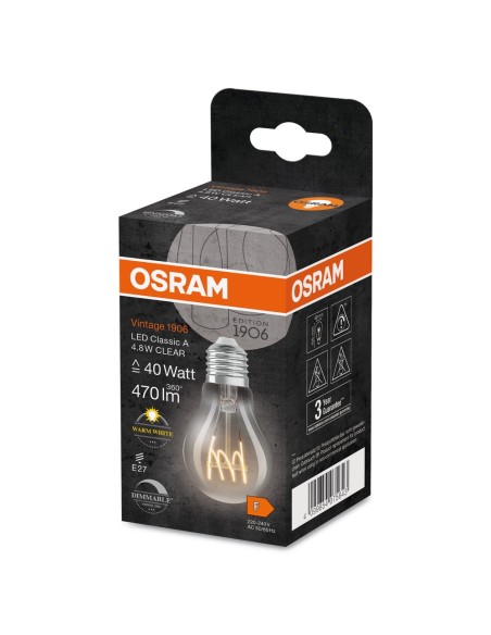 OSRAM - 4099854075643 - LED CLASSIC OSRAM 1906 DIM CLA40 Verre Clair Filament E27 4,8W 827 470lm