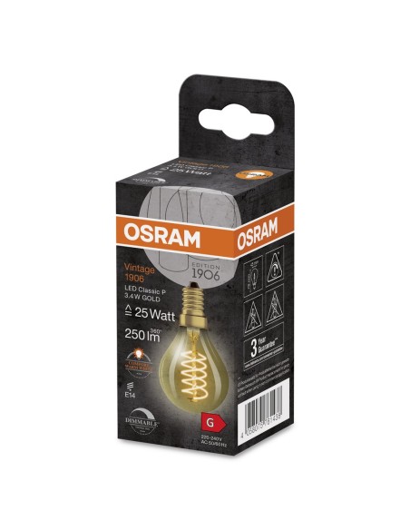 OSRAM - 4058075761438 - LED OSRAM 1906 DIM CLP25 Verre doré Filament spiral E14 3,4W 2200K 250lm