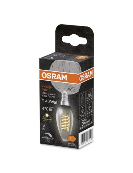 OSRAM - 4099854075728 - LED OSRAM 1906 DIM CLB40 Verre clair Filament spiral E14 4,8W 2700K