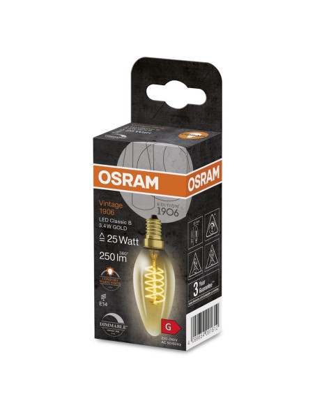 OSRAM - 4099854091612 - LED CLASSIC OSRAM 1906 DIM CLB25 Verre Doré Filament E14 3,4W 2200K 250lm