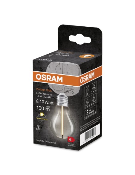 OSRAM - 4099854049972 - LED CLASSIC OSRAM 1906 CLA10 Verre Clair Filament E27 1,8W 827 100lm