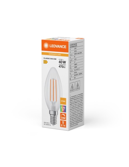 LEDVANCE - 4099854065590 - LED CLASSIC LEDVANCE SUP CLB40 Fil DIM 927 E14 4,2W 470lm IRC97