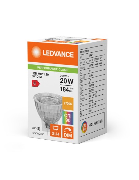 LEDVANCE - 4099854050206 - LED SPOT LEDVANCE PFM MR11 20 DIM 927 36° GU4 2,8W 184lm IRC90 Verre