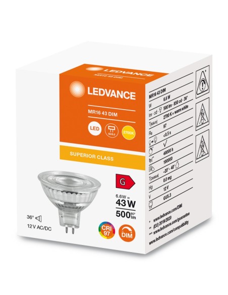 LEDVANCE - 4099854048111 - LED SPOT LEDVANCE SUP MR16 43 DIM 927 36° GU5.3 6,6W 500lm IRC97 Verre