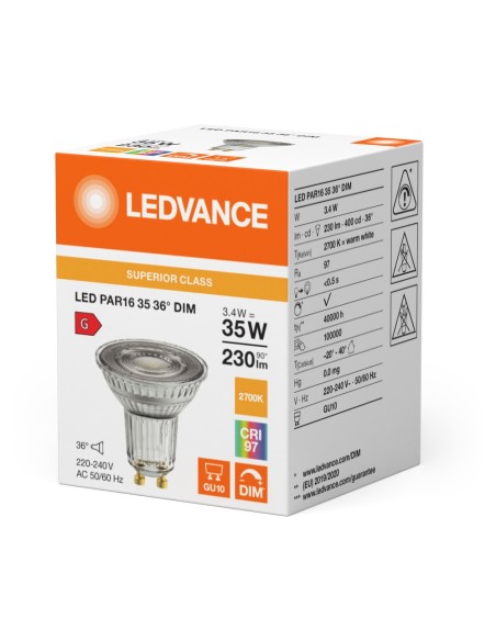 LEDVANCE - 4099854059810 - LED SPOT LEDVANCE SUP PAR16 35 DIM 927 36° GU10 3,4W 230lm IRC97 Verre