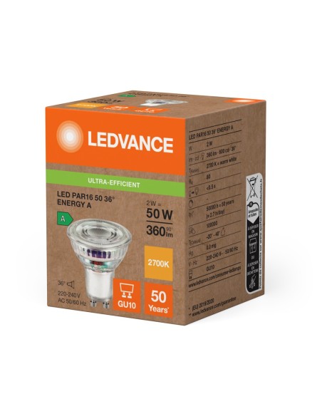 LEDVANCE - 4099854245251 - LED SPOT LEDVANCE SUP PAR16 50 énergie A 827 36° GU10 2W 360lm Verre