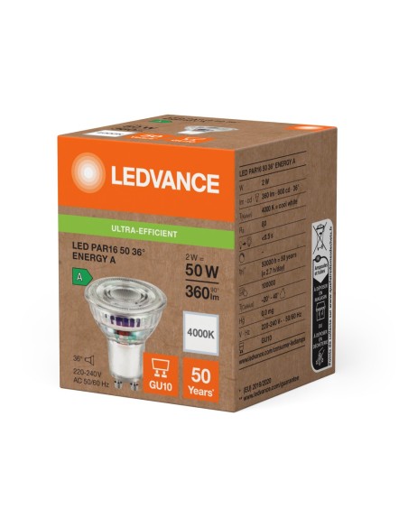 LEDVANCE - 4099854245275 - LED SPOT LEDVANCE SUP PAR16 50 énergie A 840 36° GU10 2W 360lm Verre