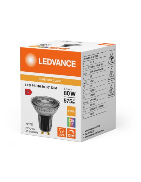 LEDVANCE - 4099854235207 - LED SPOT LEDVANCE PAR16 80 DIM 8.3W 575lm 927 GU10 IRC90 Verre