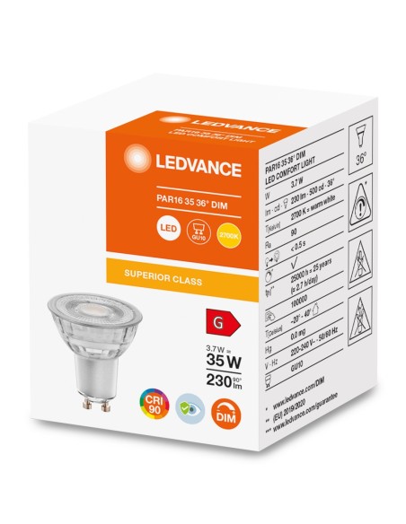 LEDVANCE - 4058075757783 - LED SPOT LEDVANCE Comfort PAR16 35 DIM 927 36° GU10 3,7W 230lm IRC90 Verre