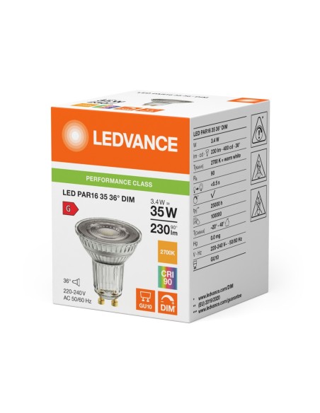 LEDVANCE - 4099854059872 - LED SPOT LEDVANCE PFM PAR16 35 DIM 927 36° GU10 3,4W 230lm IRC90 Verre