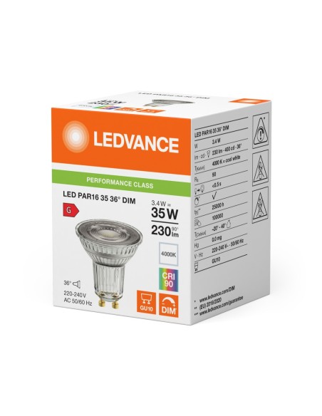 LEDVANCE - 4099854059919 - LED SPOT LEDVANCE PFM PAR16 35 DIM 940 36° GU10 3,4W 230lm IRC90 Verre