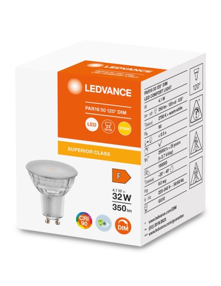 LEDVANCE - 4058075757820 - LED SPOT LEDVANCE Comfort PAR16 50 DIM 927 120° GU10 4,1W 350lm IRC90 Verre