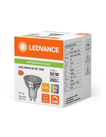 LEDVANCE - 4099854044984 - LED SPOT LEDVANCE PFM PAR16 50 DIM 927 36° GU10 4,5W 350lm IRC90 Verre