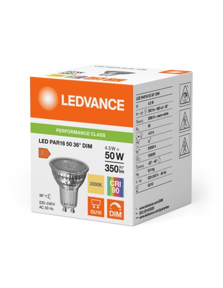 LEDVANCE - 4099854045462 - LED SPOT LEDVANCE PFM PAR16 50 DIM 930 36° GU10 4,5W 350lm IRC90 Verre