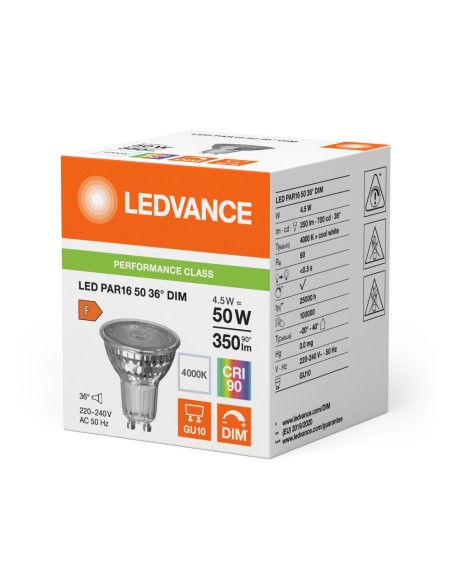 LEDVANCE - 4099854045509 - LED SPOT LEDVANCE PFM PAR16 50 DIM 940 36° GU10 4,5W 350lm IRC90 Verre