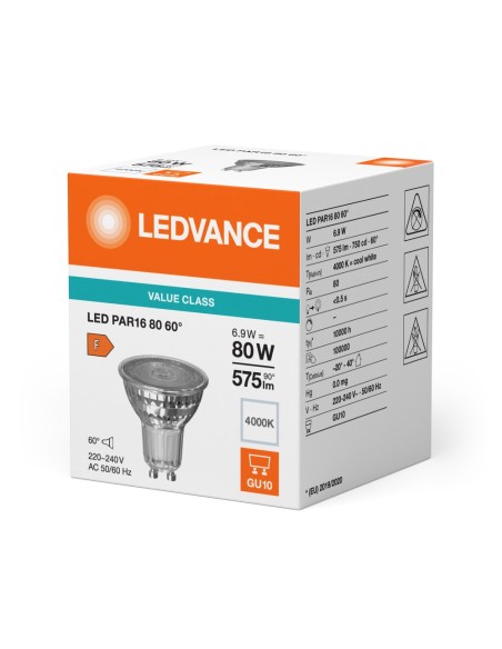 LEDVANCE - 4099854054990 - LED SPOT LEDVANCE VALUE PAR16 80 840 60° GU10 6,9W 575lm Verre