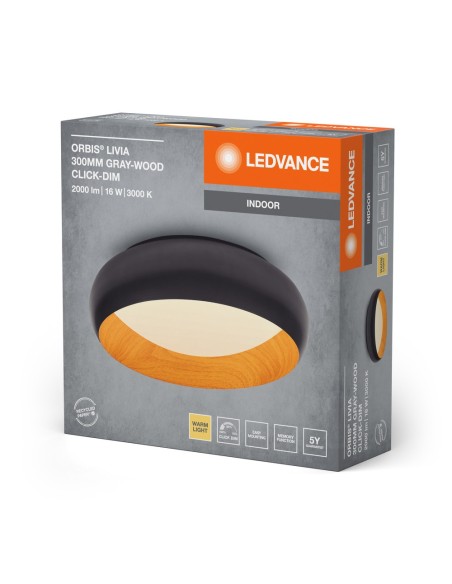 LEDVANCE - 4099854284083 - LDV Plafonnier LIVIA Ø 300 16W/3000K 750lm ClickDim gris et bois LEDVANCE