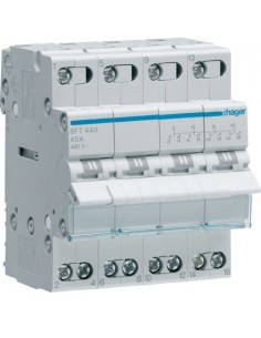 HAGER - SFT440 - Inverseur modulaire 4 pôles 40A, point commun amont, I-0-II