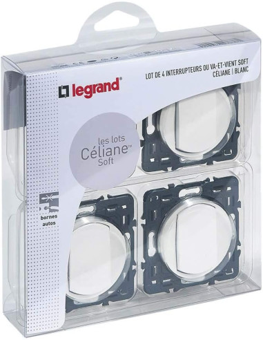 Legrand - CL04067001 - Interrupteur Simple ou Va-et-vient Doigt Large Céliane Soft - 10A - Commande d'Eclairage lot de 4