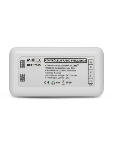 Miidex - 7655 - CONTROLEUR RADIO FREQUENCE 4 ZONES RGB+BLC 12-24V DC